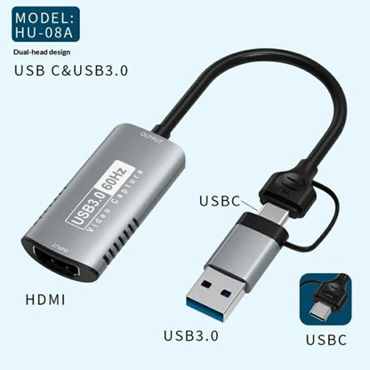 HU-08A Adaptateur de capture HD 1080P 60Hz HDMI vers USB 3.0 / Type-C 2 en 1, HU-08A