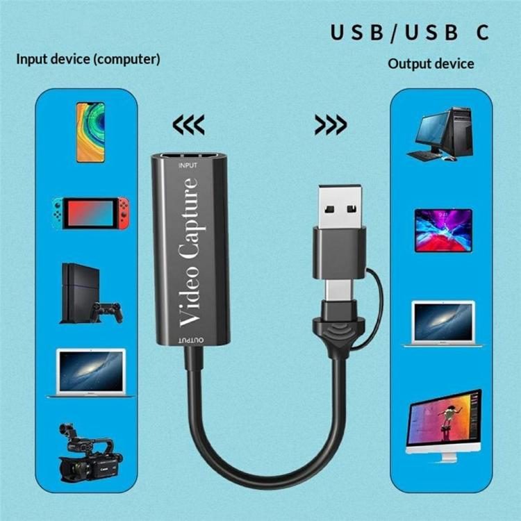 HU-02A Câble adaptateur de diffusion en direct HDMI vers USB / Type-C 2 en 1 Carte de capture vidéo, HU-02A