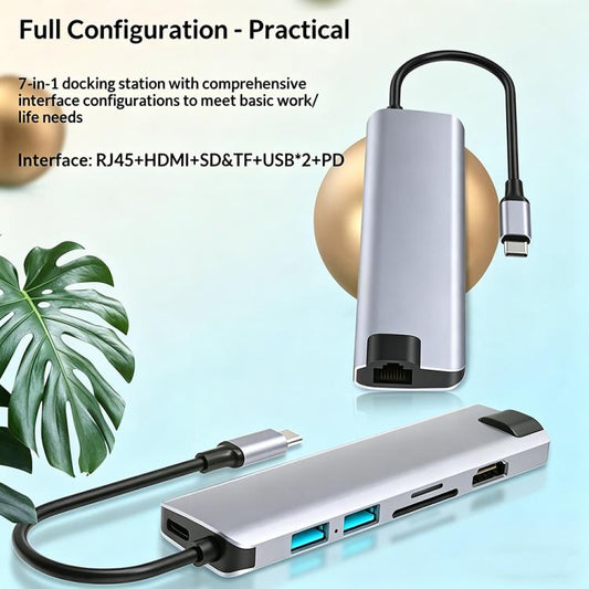 موزع USB-C 7 في 1 يدعم دقة 4K HD وشحن سريع بقدرة 100 واط، مزود بمنفذ إيثرنت جيجابت وقارئ بطاقات SD/TF، ​​طراز HC-75LC