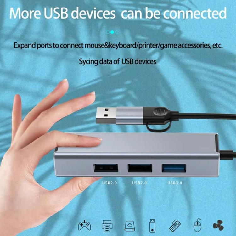 HC-78 USB-C / USB-A to USB3.0 / 2.0 RJ45 Network Card Splitter 4 in 1 Hub Ethernet Adapter, HC-78