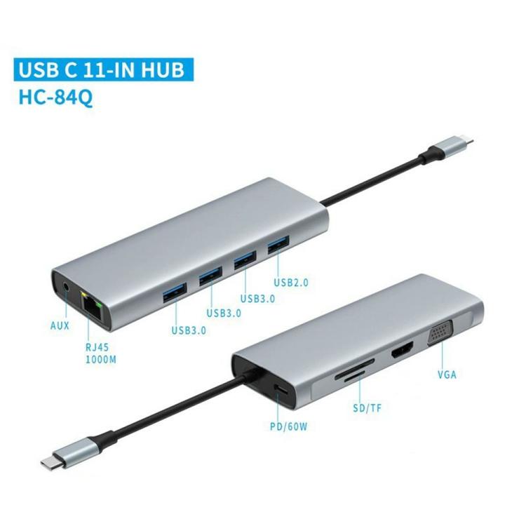 HC-84Q HD VGA RJ45 Ethernet Port Expansion Dock PD 60W Charging 11 in 1 USB-C Hub, HC-84Q