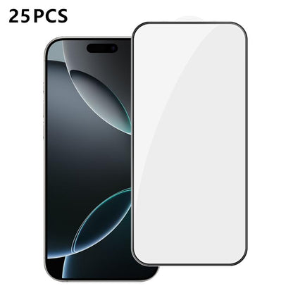 25pcs High-Aluminum Full-Coverage Anti-Fingerprint Screen-Printed HD Tempered Glass Film, For iPhone 18 Pro, For iPhone 18 Pro Max, For iPhone 17 Pro Max, For iPhone 17 Pro, For iPhone 17, For iPhone Air, For iPhone 16 Pro Max, For iPhone 16 Pro       ...