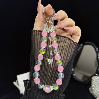 Interlaced Beaded Butterfly Tassel Phone Strap, Pink, Green, White