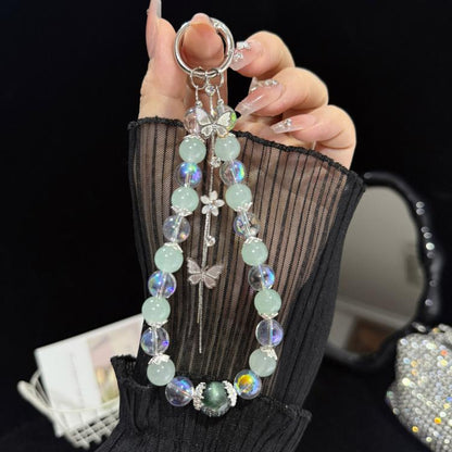 Interlaced Beaded Butterfly Tassel Phone Strap, Pink, Green, White