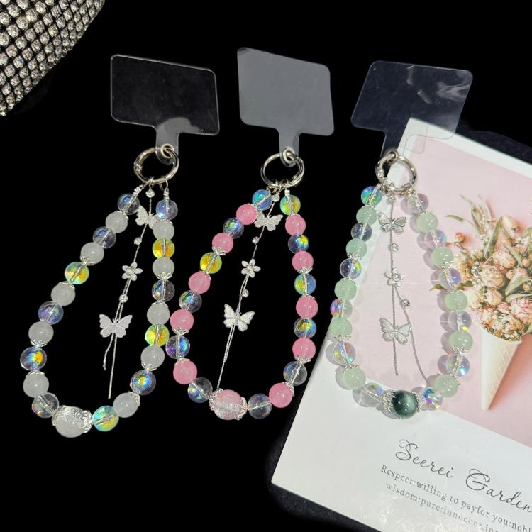 Interlaced Beaded Butterfly Tassel Phone Strap, Pink, Green, White
