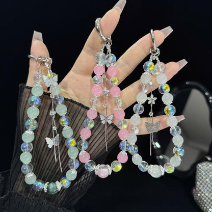 Interlaced Beaded Butterfly Tassel Phone Strap, Pink, Green, White