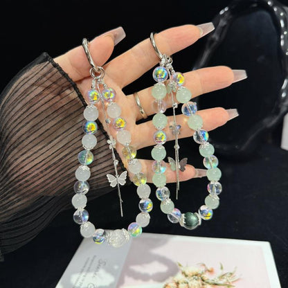 Interlaced Beaded Butterfly Tassel Phone Strap, Pink, Green, White
