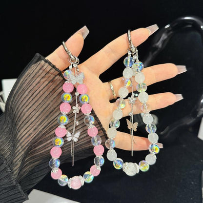 Interlaced Beaded Butterfly Tassel Phone Strap, Pink, Green, White