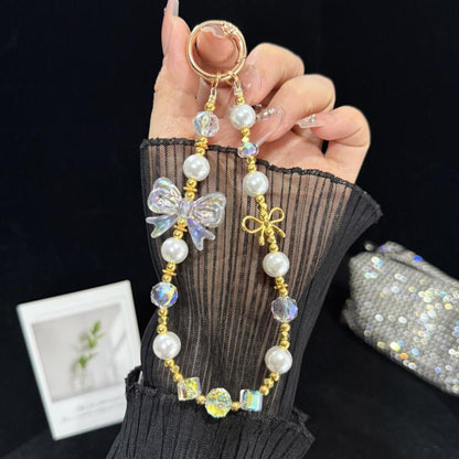 Pearl Crystal Bow Phone Chain, Golden, Silver