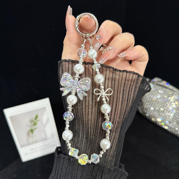 Pearl Crystal Bow Phone Chain, Golden, Silver