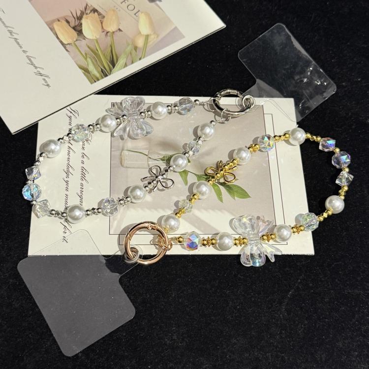 Pearl Crystal Bow Phone Chain, Golden, Silver