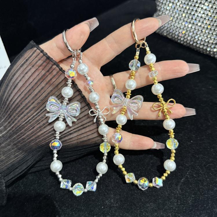 Pearl Crystal Bow Phone Chain, Golden, Silver