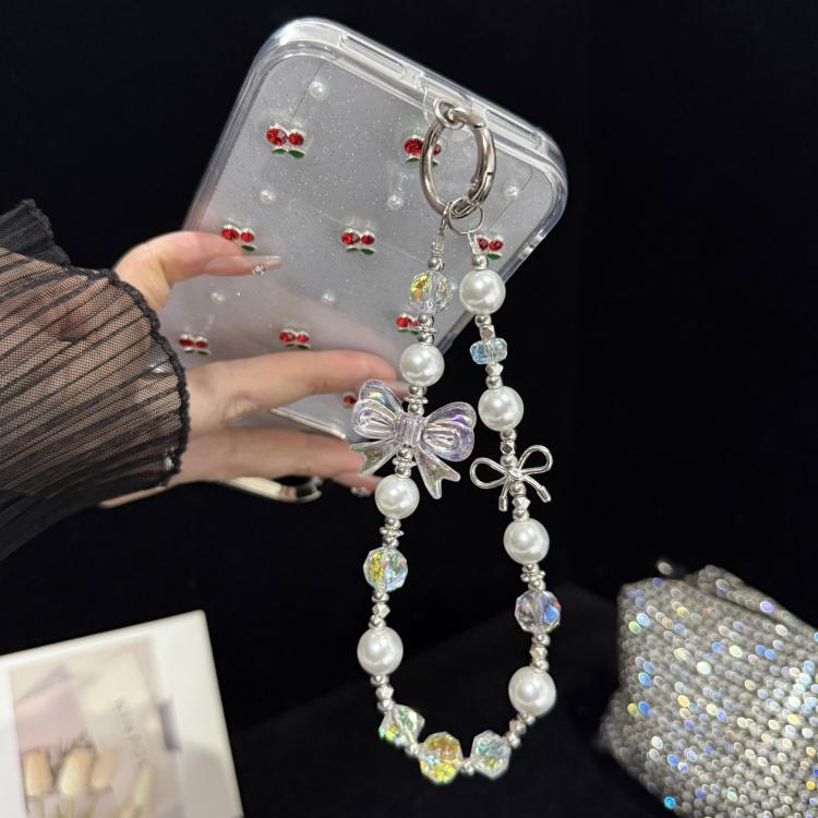 Pearl Crystal Bow Phone Chain, Golden, Silver