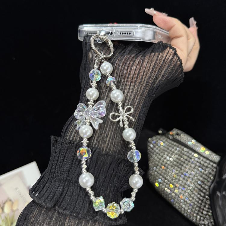 Pearl Crystal Bow Phone Chain, Golden, Silver