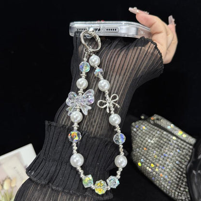 Pearl Crystal Bow Phone Chain, Golden, Silver