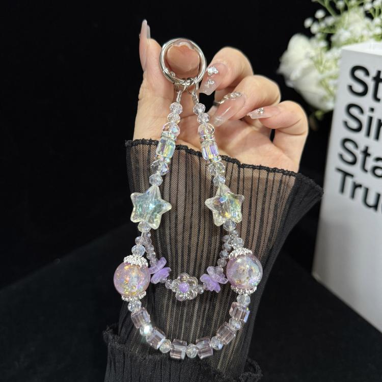 Pearl Crystal Bow Phone Chain, Purple, White