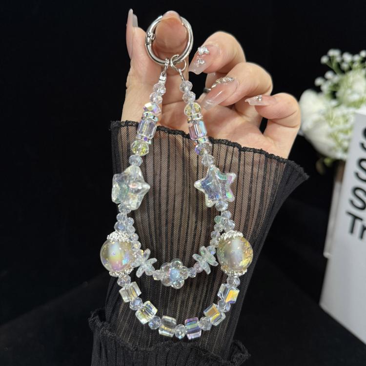 Pearl Crystal Bow Phone Chain, Purple, White