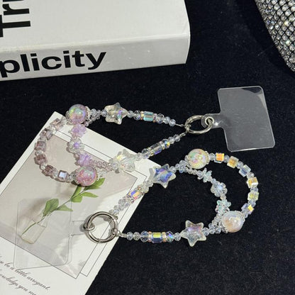 Pearl Crystal Bow Phone Chain, Purple, White