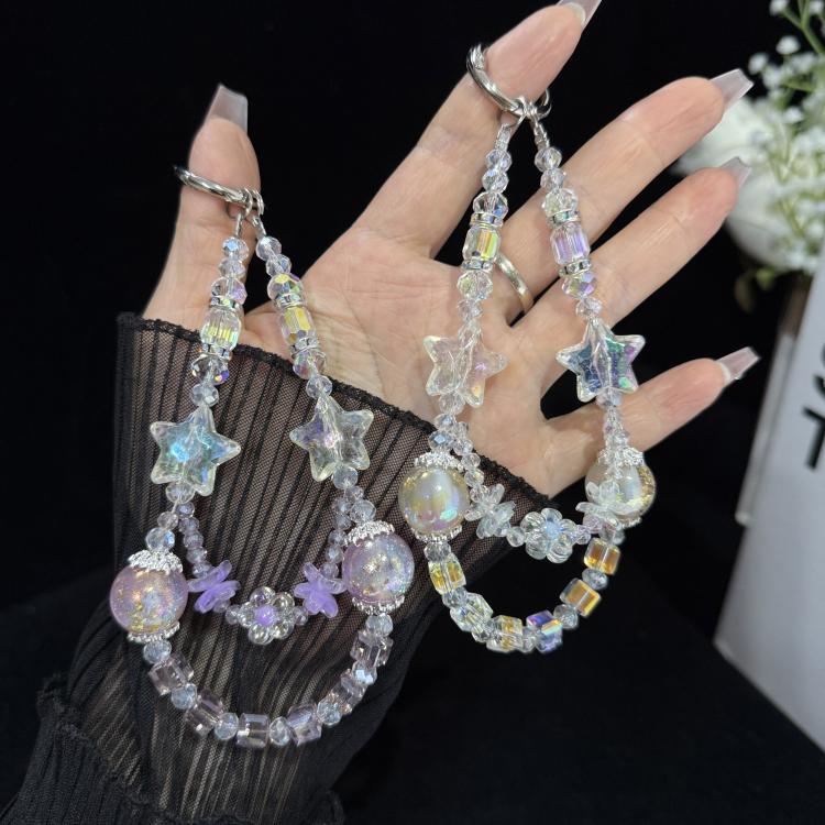 Pearl Crystal Bow Phone Chain, Purple, White