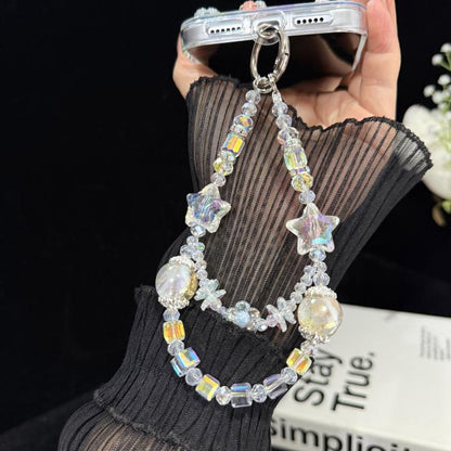 Pearl Crystal Bow Phone Chain, Purple, White