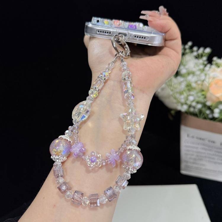 Pearl Crystal Bow Phone Chain, Purple, White