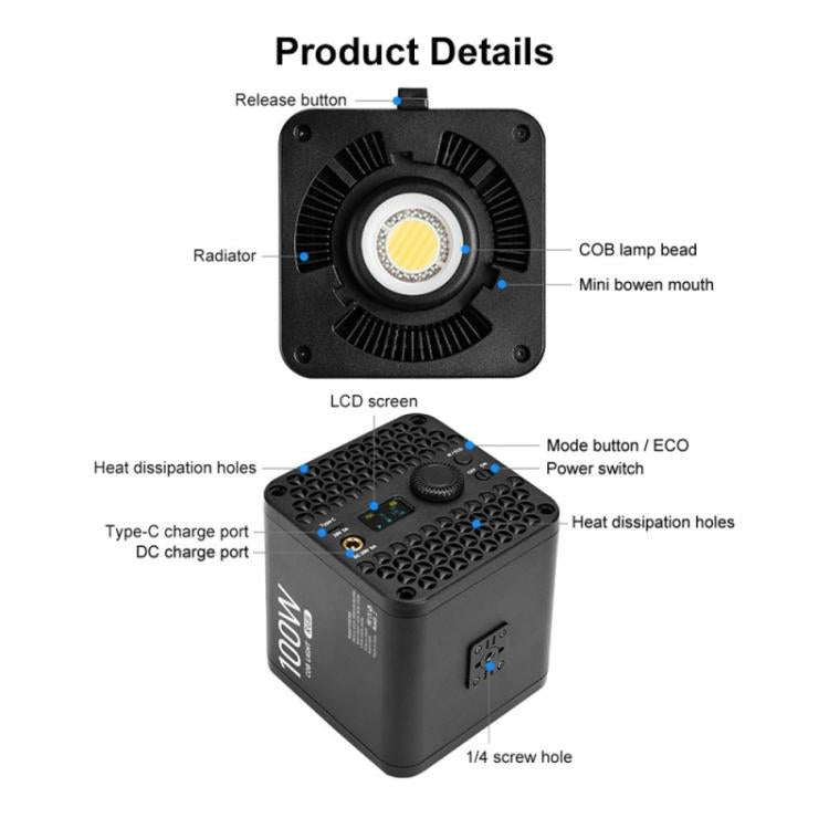 VLOGLITE P100RGB 2700K-6500K Wiederaufladbare Studiobeleuchtung Kabellose Fotografie 100W COB-Lampe, P100RGB