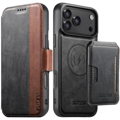Suteni Q07S3 Left-Right Splicing Cowhide Pattern Flip Side Card Wallet Removable Magnetic Phone Case, For iPhone 18, For iPhone 18 Pro, For iPhone 18 Pro Max, For iPhone 17 Pro Max, For iPhone 17 Pro, For iPhone 17, For iPhone Air, For iPhone 16 Pro Ma...
