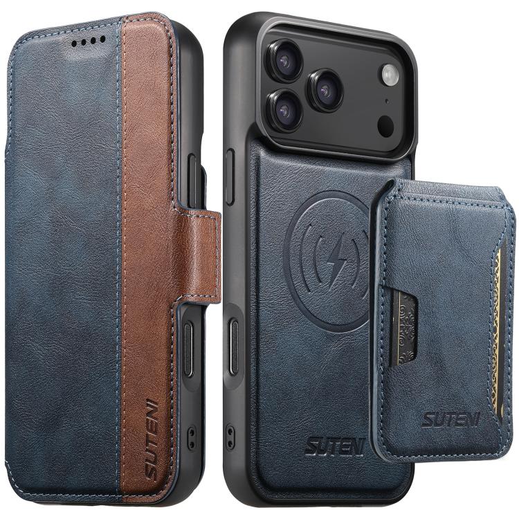 Suteni Q07S3 Left-Right Splicing Cowhide Pattern Flip Side Card Wallet Removable Magnetic Phone Case, For iPhone 18, For iPhone 18 Pro, For iPhone 18 Pro Max, For iPhone 17 Pro Max, For iPhone 17 Pro, For iPhone 17, For iPhone Air, For iPhone 16 Pro Ma...