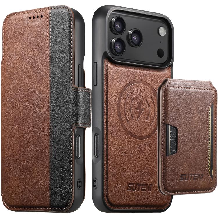 Suteni Q07S3 Left-Right Splicing Cowhide Pattern Flip Side Card Wallet Removable Magnetic Phone Case, For iPhone 18, For iPhone 18 Pro, For iPhone 18 Pro Max, For iPhone 17 Pro Max, For iPhone 17 Pro, For iPhone 17, For iPhone Air, For iPhone 16 Pro Ma...