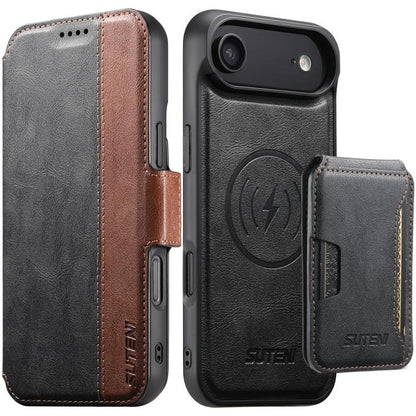 Suteni Q07S3 Left-Right Splicing Cowhide Pattern Flip Side Card Wallet Removable Magnetic Phone Case, For iPhone 18, For iPhone 18 Pro, For iPhone 18 Pro Max, For iPhone 17 Pro Max, For iPhone 17 Pro, For iPhone 17, For iPhone Air, For iPhone 16 Pro Ma...