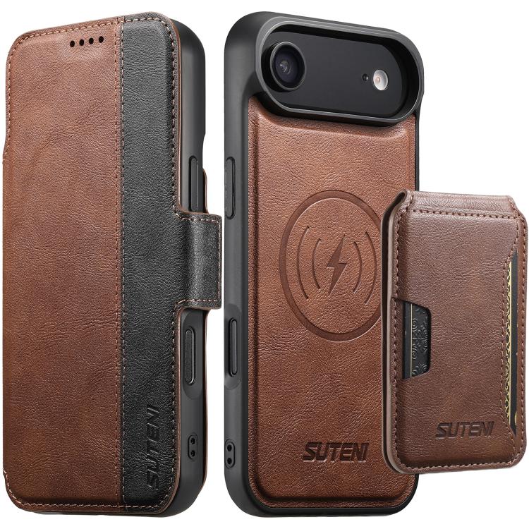 Suteni Q07S3 Left-Right Splicing Cowhide Pattern Flip Side Card Wallet Removable Magnetic Phone Case, For iPhone 18, For iPhone 18 Pro, For iPhone 18 Pro Max, For iPhone 17 Pro Max, For iPhone 17 Pro, For iPhone 17, For iPhone Air, For iPhone 16 Pro Ma...