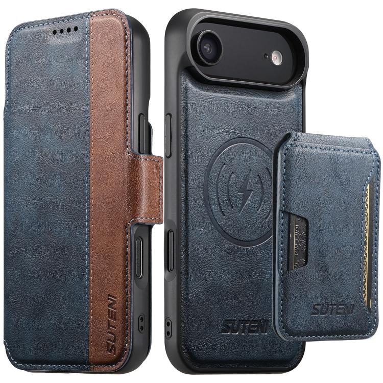 Suteni Q07S3 Left-Right Splicing Cowhide Pattern Flip Side Card Wallet Removable Magnetic Phone Case, For iPhone 18, For iPhone 18 Pro, For iPhone 18 Pro Max, For iPhone 17 Pro Max, For iPhone 17 Pro, For iPhone 17, For iPhone Air, For iPhone 16 Pro Ma...