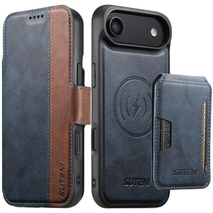 Suteni Q07S3 Left-Right Splicing Cowhide Pattern Flip Side Card Wallet Removable Magnetic Phone Case, For iPhone 18, For iPhone 18 Pro, For iPhone 18 Pro Max, For iPhone 17 Pro Max, For iPhone 17 Pro, For iPhone 17, For iPhone Air, For iPhone 16 Pro Ma...