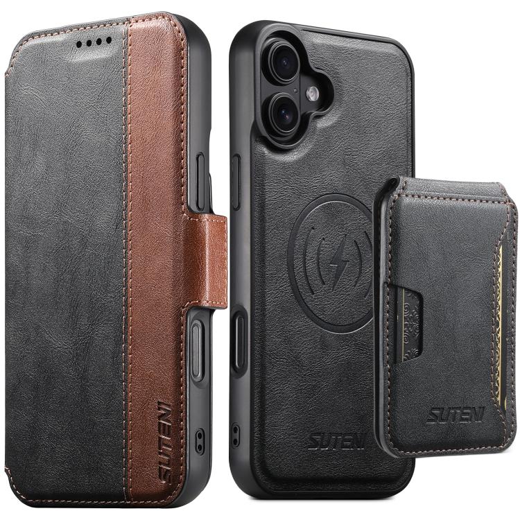 Suteni Q07S3 Left-Right Splicing Cowhide Pattern Flip Side Card Wallet Removable Magnetic Phone Case, For iPhone 18, For iPhone 18 Pro, For iPhone 18 Pro Max, For iPhone 17 Pro Max, For iPhone 17 Pro, For iPhone 17, For iPhone Air, For iPhone 16 Pro Ma...