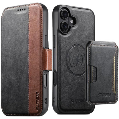 Suteni Q07S3 Left-Right Splicing Cowhide Pattern Flip Side Card Wallet Removable Magnetic Phone Case, For iPhone 18, For iPhone 18 Pro, For iPhone 18 Pro Max, For iPhone 17 Pro Max, For iPhone 17 Pro, For iPhone 17, For iPhone Air, For iPhone 16 Pro Ma...