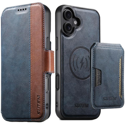 Suteni Q07S3 Left-Right Splicing Cowhide Pattern Flip Side Card Wallet Removable Magnetic Phone Case, For iPhone 18, For iPhone 18 Pro, For iPhone 18 Pro Max, For iPhone 17 Pro Max, For iPhone 17 Pro, For iPhone 17, For iPhone Air, For iPhone 16 Pro Ma...