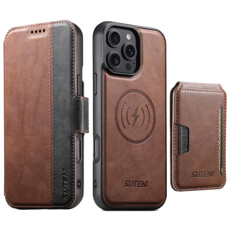 Suteni Q07S3 Left-Right Splicing Cowhide Pattern Flip Side Card Wallet Removable Magnetic Phone Case, For iPhone 18, For iPhone 18 Pro, For iPhone 18 Pro Max, For iPhone 17 Pro Max, For iPhone 17 Pro, For iPhone 17, For iPhone Air, For iPhone 16 Pro Ma...