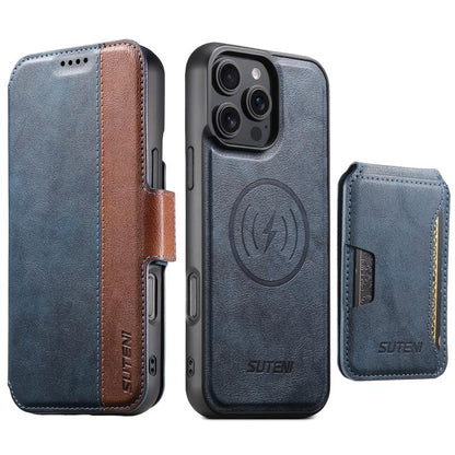 Suteni Q07S3 Left-Right Splicing Cowhide Pattern Flip Side Card Wallet Removable Magnetic Phone Case, For iPhone 18, For iPhone 18 Pro, For iPhone 18 Pro Max, For iPhone 17 Pro Max, For iPhone 17 Pro, For iPhone 17, For iPhone Air, For iPhone 16 Pro Ma...