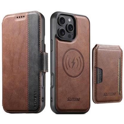 Suteni Q07S3 Left-Right Splicing Cowhide Pattern Flip Side Card Wallet Removable Magnetic Phone Case, For iPhone 18, For iPhone 18 Pro, For iPhone 18 Pro Max, For iPhone 17 Pro Max, For iPhone 17 Pro, For iPhone 17, For iPhone Air, For iPhone 16 Pro Ma...