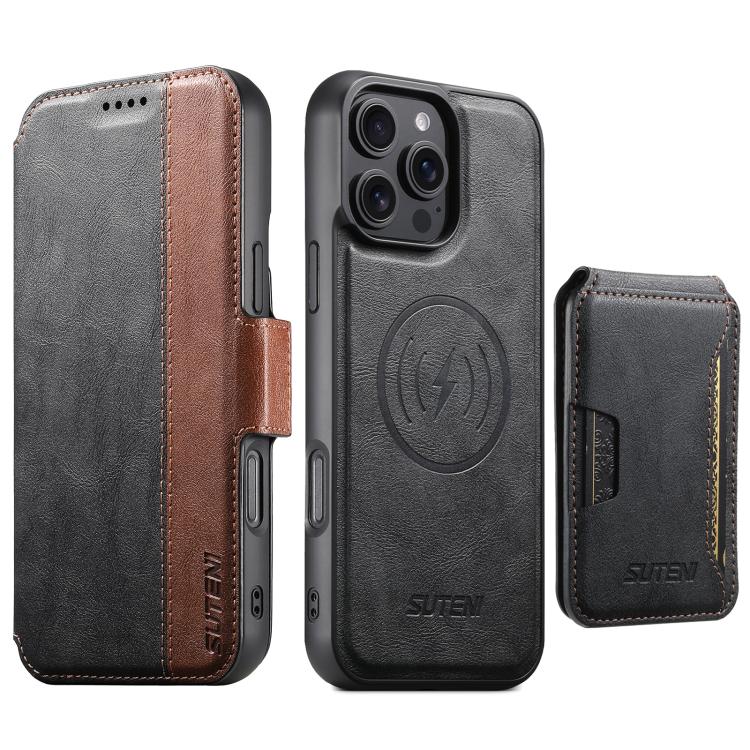 Suteni Q07S3 Left-Right Splicing Cowhide Pattern Flip Side Card Wallet Removable Magnetic Phone Case, For iPhone 18, For iPhone 18 Pro, For iPhone 18 Pro Max, For iPhone 17 Pro Max, For iPhone 17 Pro, For iPhone 17, For iPhone Air, For iPhone 16 Pro Ma...