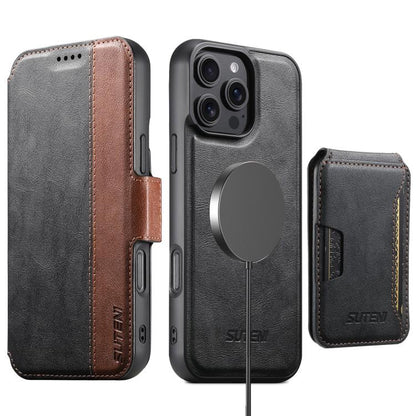 Suteni Q07S3 Left-Right Splicing Cowhide Pattern Flip Side Card Wallet Removable Magnetic Phone Case, For iPhone 18 Pro, For iPhone 18 Pro Max, For iPhone 17 Pro Max, For iPhone 17 Pro, For iPhone 17, For iPhone Air, For iPhone 16 Pro Max              ...