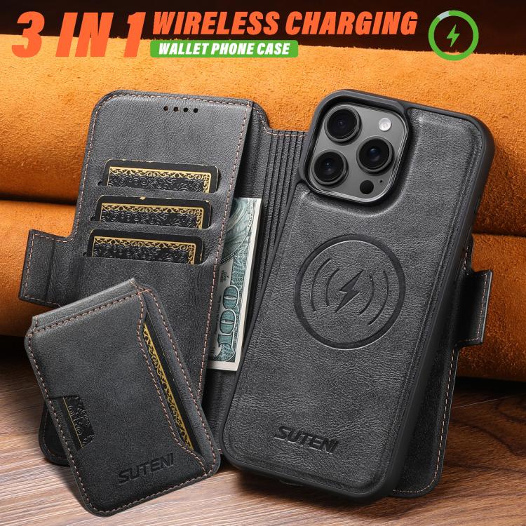 Suteni Q07S3 Left-Right Splicing Cowhide Pattern Flip Side Card Wallet Removable Magnetic Phone Case, For iPhone 18 Pro, For iPhone 18 Pro Max, For iPhone 17 Pro Max, For iPhone 17 Pro, For iPhone 17, For iPhone Air, For iPhone 16 Pro Max              ...