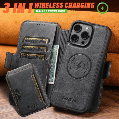 Suteni Q07S3 Left-Right Splicing Cowhide Pattern Flip Side Card Wallet Removable Magnetic Phone Case, For iPhone 18 Pro, For iPhone 18 Pro Max, For iPhone 17 Pro Max, For iPhone 17 Pro, For iPhone 17, For iPhone Air, For iPhone 16 Pro Max              ...
