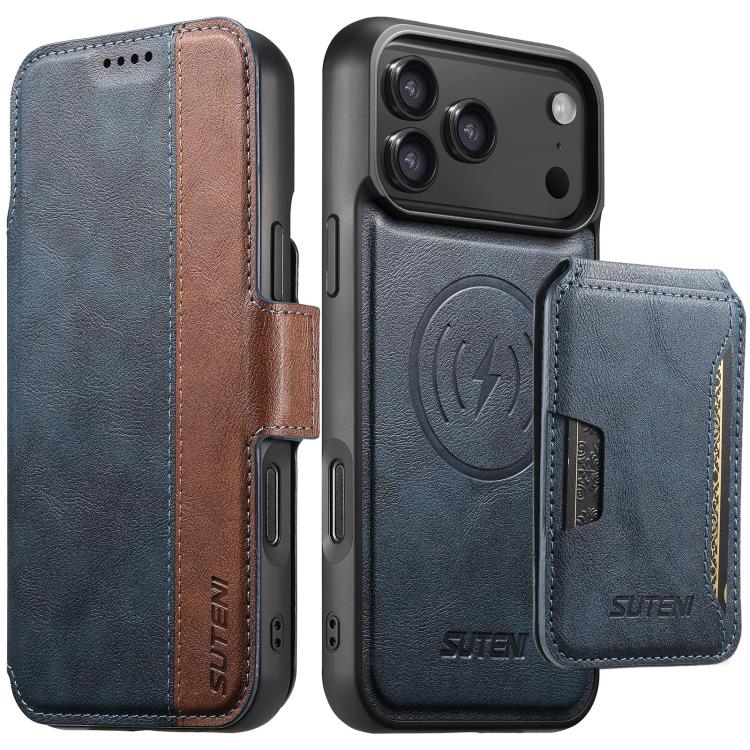 Suteni Q07S3 Left-Right Splicing Cowhide Pattern Flip Side Card Wallet Removable Magnetic Phone Case, For iPhone 18, For iPhone 18 Pro, For iPhone 18 Pro Max, For iPhone 17 Pro Max, For iPhone 17 Pro, For iPhone 17, For iPhone Air, For iPhone 16 Pro Ma...
