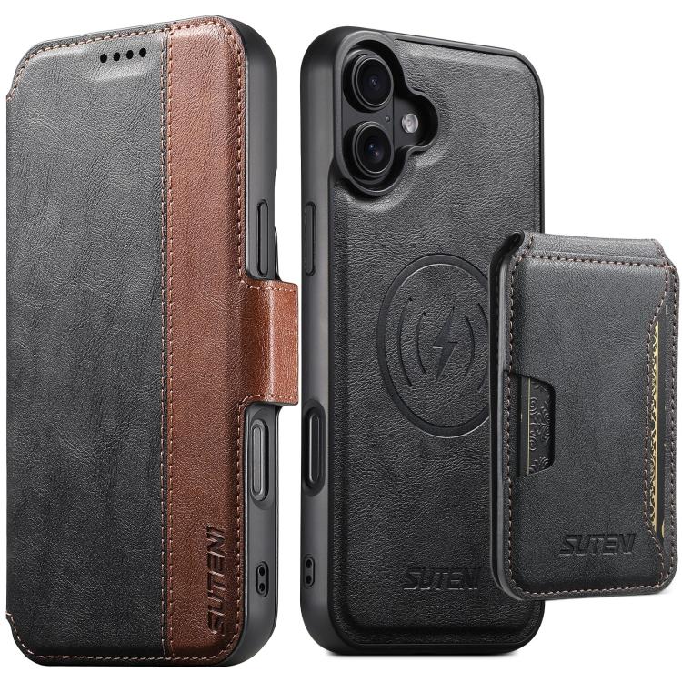 Suteni Q07S3 Left-Right Splicing Cowhide Pattern Flip Side Card Wallet Removable Magnetic Phone Case, For iPhone 18, For iPhone 18 Pro, For iPhone 18 Pro Max, For iPhone 17 Pro Max, For iPhone 17 Pro, For iPhone 17, For iPhone Air, For iPhone 16 Pro Ma...