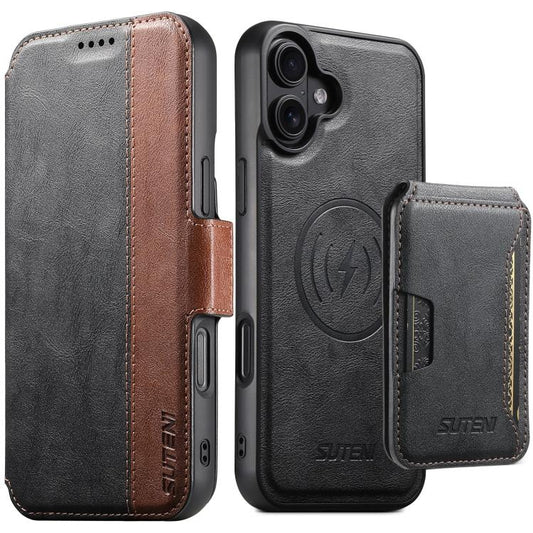 Suteni Q07S3 Left-Right Splicing Cowhide Pattern Flip Side Card Wallet Removable Magnetic Phone Case, For iPhone 18, For iPhone 18 Pro, For iPhone 18 Pro Max, For iPhone 17 Pro Max, For iPhone 17 Pro, For iPhone 17, For iPhone Air, For iPhone 16 Pro Ma...