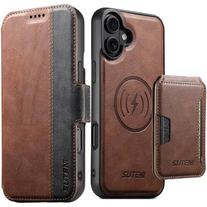 Suteni Q07S3 Left-Right Splicing Cowhide Pattern Flip Side Card Wallet Removable Magnetic Phone Case, For iPhone 18, For iPhone 18 Pro, For iPhone 18 Pro Max, For iPhone 17 Pro Max, For iPhone 17 Pro, For iPhone 17, For iPhone Air, For iPhone 16 Pro Ma...