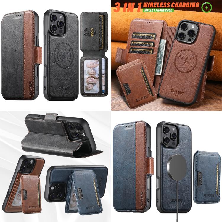 Suteni Q07S3 Left-Right Splicing Cowhide Pattern Flip Side Card Wallet Removable Magnetic Phone Case, For iPhone 18, For iPhone 18 Pro, For iPhone 18 Pro Max, For iPhone 17 Pro Max, For iPhone 17 Pro, For iPhone 17, For iPhone Air, For iPhone 16 Pro Ma...
