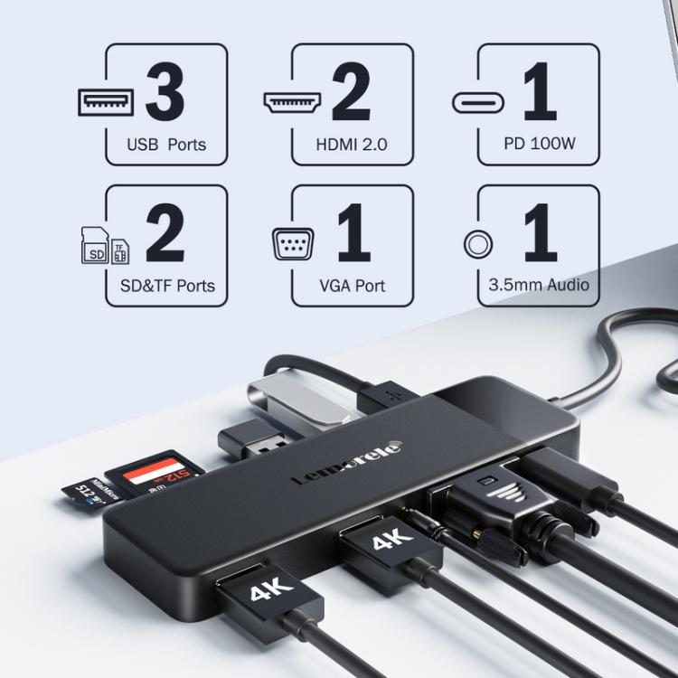 Lemorele TC94 10-in-1 Hub Dual HDMI VGA PD100W Multiport Docking Station