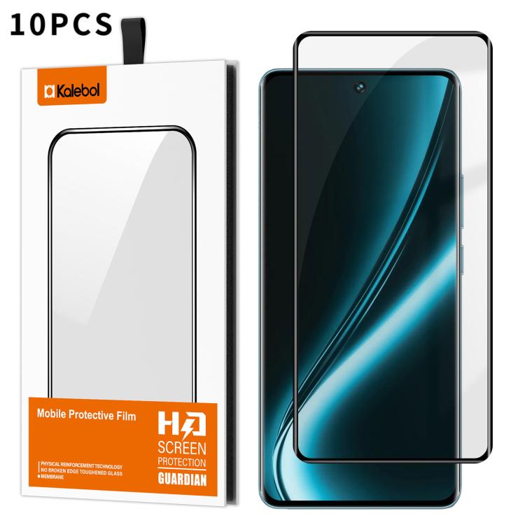10pcs Kalebol Full Glue Version Curved Full-Coverage Anti-Fingerprint Screen-Printed HD Tempered Glass Film, For Realme 15 Pro 5G, For Realme 15 5G, For Realme Narzo 80 Pro, For Realme P3 Ultra 5G, For Realme P3 Pro, For Realme 14 Pro+, For Realme 14 Pro